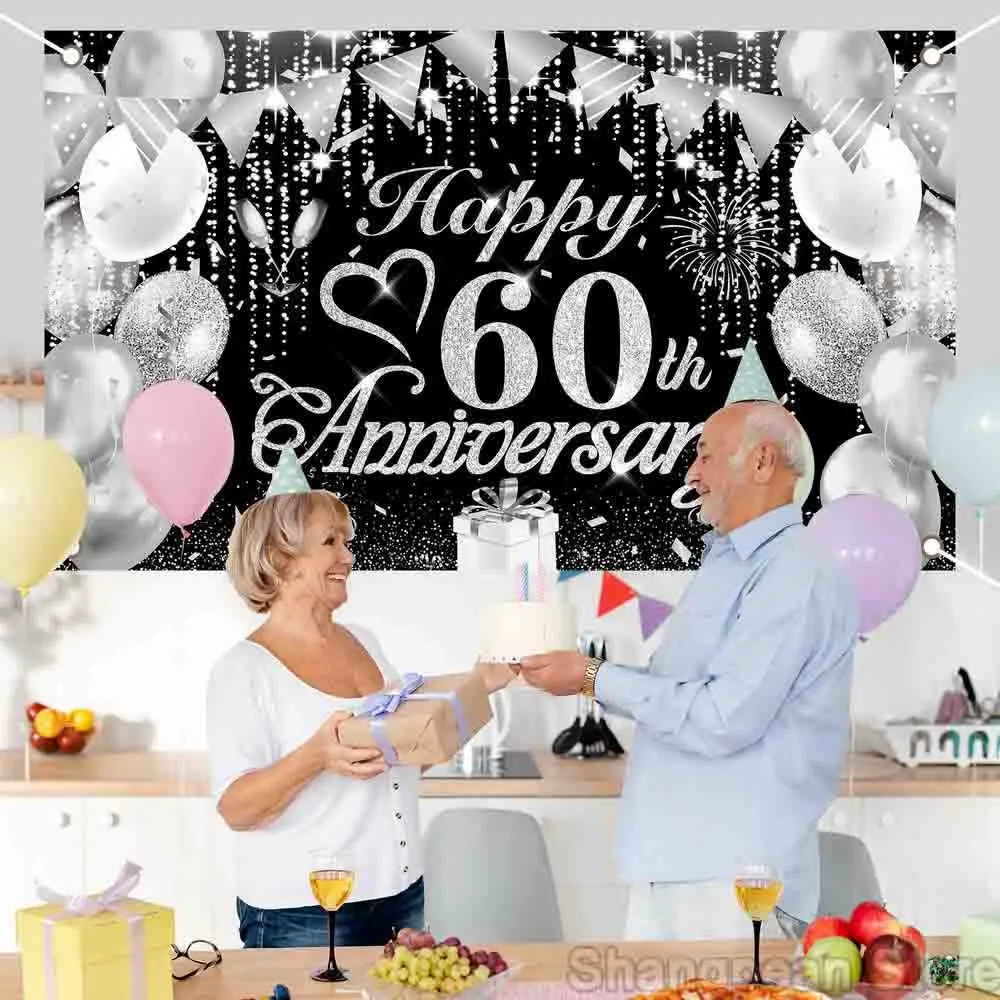 25/60/50th Happy Anniversary Banner Party Backdrop For Photo Black Happy Birthday Adult Theme Party Decoration Supplies DIY Back