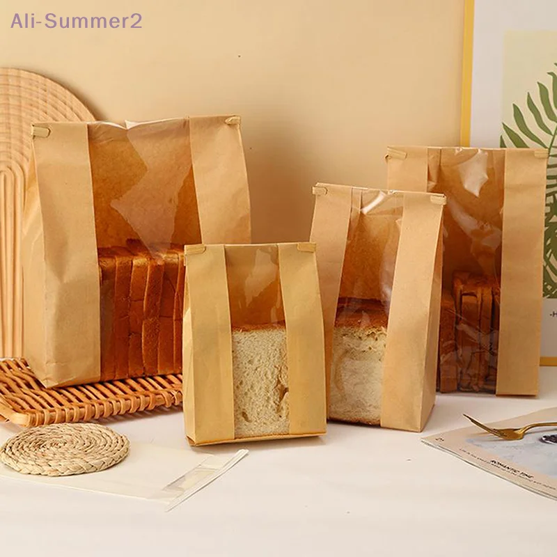 {MX} 10Pcs Wire-sealed Kraft Paper Toast Bread Packaging Bag Wrapping Bag With Window Baking Biscuit Oil Proof  Storage Pouch