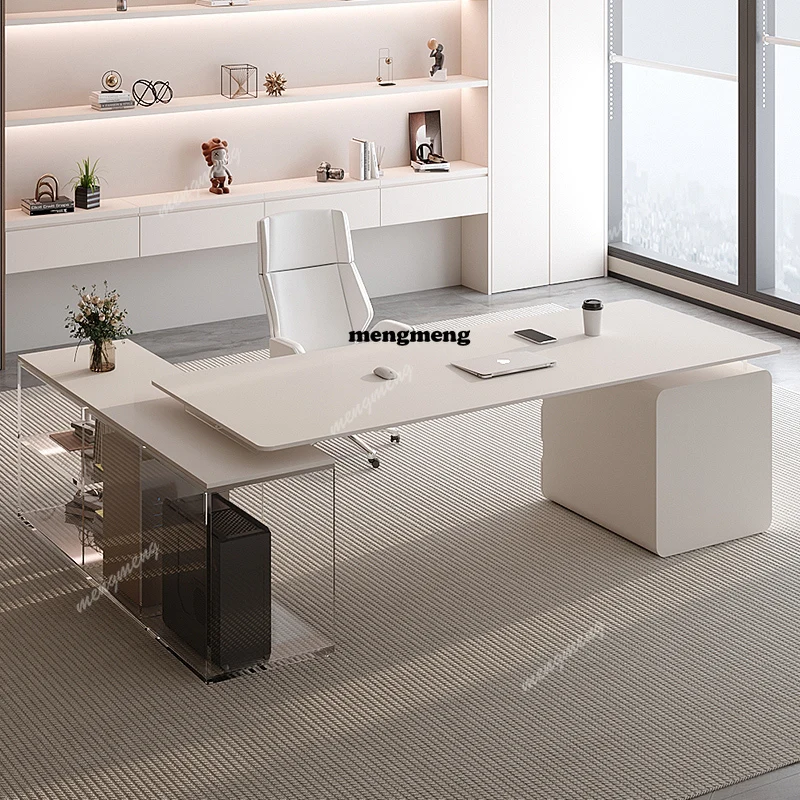 Modern high-end acrylic large class desk Cream wind white desk Beauty salon boss table office furniture luxury rock slab desk
