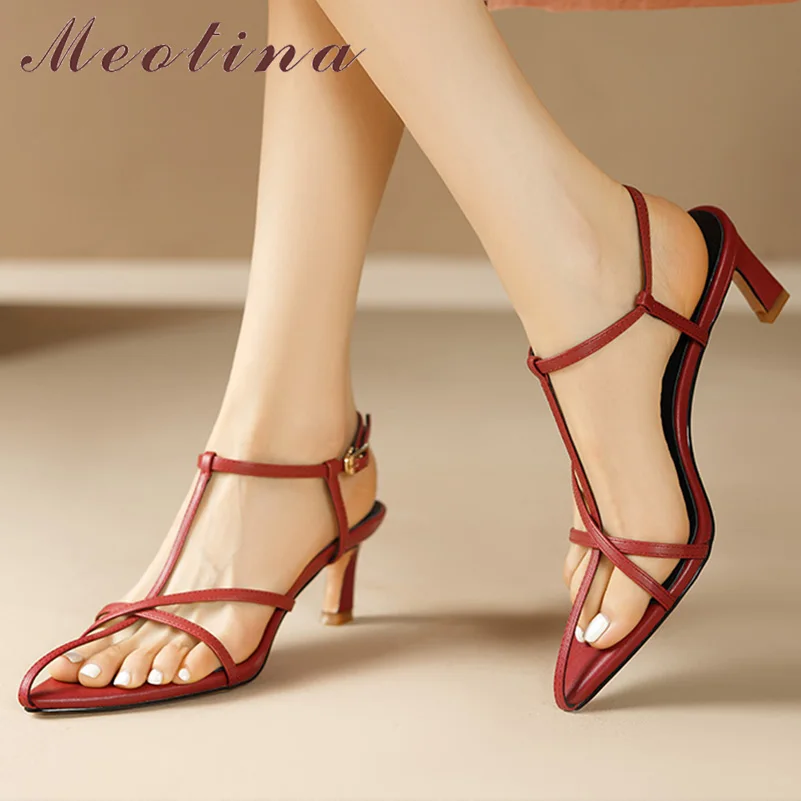 

Meotina Women Genuine Leather Gladiator Sandals Pointed Toe Thin Mid Heels Buckle T-Tied Narrow Band Ladies Fashion Shoes Summer