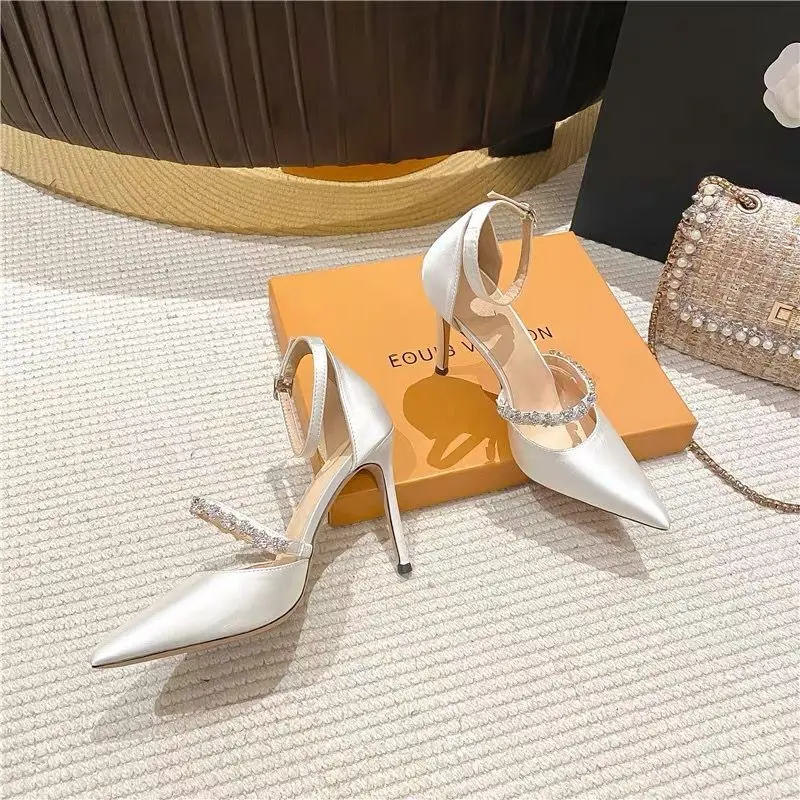 Pointed Toe High-heeled Women\'s Shoes 2022 New White Wedding Heels Celebrity Stiletto Shallow Mouth Buckle Single Sandals