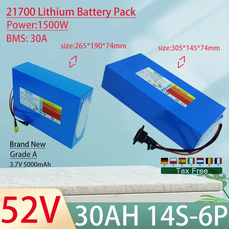 52V 30Ah 21700 14S6P Lithium Ion Battery Pack 1500W Power Tool Batteries Outdoor Backup Batteries With 30A BMS+58.8V 5A charger