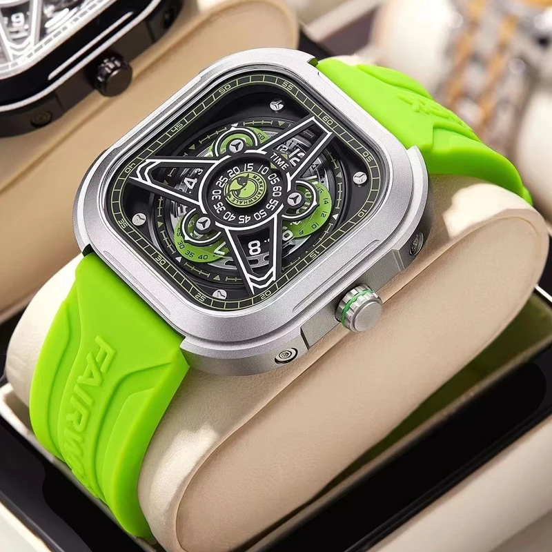 

Брендовые часы Mark Fairwhale для мужчин, трендовые зеленые кварцевые наручные часы с квадратным циферблатом, спортивные силиконовые ремешки, водонепроницаемые мужские часы
