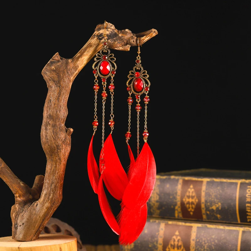 Neue Böhmische Kristall Kupfer Kette Feder Lange Tropfen Ohrringe für Frauen Retro Gypsy Ethnische Temperament Gold Farbe Schmuck Geschenk – Detail 6