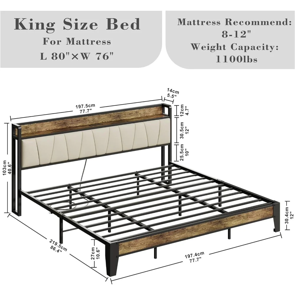 King Bed Frame, Storage Headboard with Charging Station, Solid and Stable, Noise Free, No Box Spring Needed