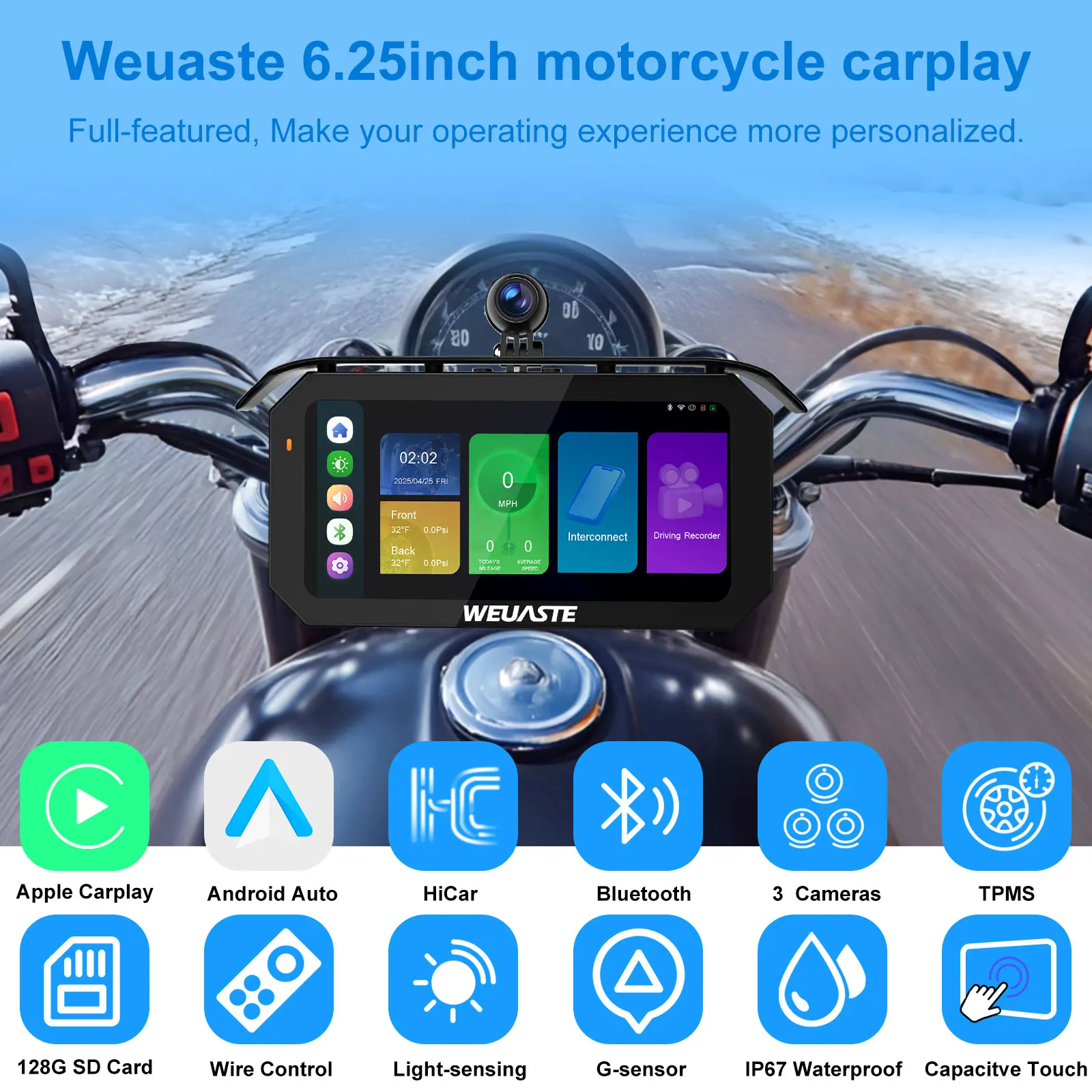 6,25 pulgadas 1080P motocicleta Moto Carplay Android Auto Dash Cam TPMS pantalla HiCar Sensor de luz grabación en bucle control con cable