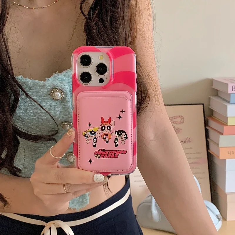 Cute Cartoon The Powerpuff Girls Magnetic Wallet Magsafe Wireless Charge Phone Case For iPhone 15 14 13 12 11 Pro Max Cover