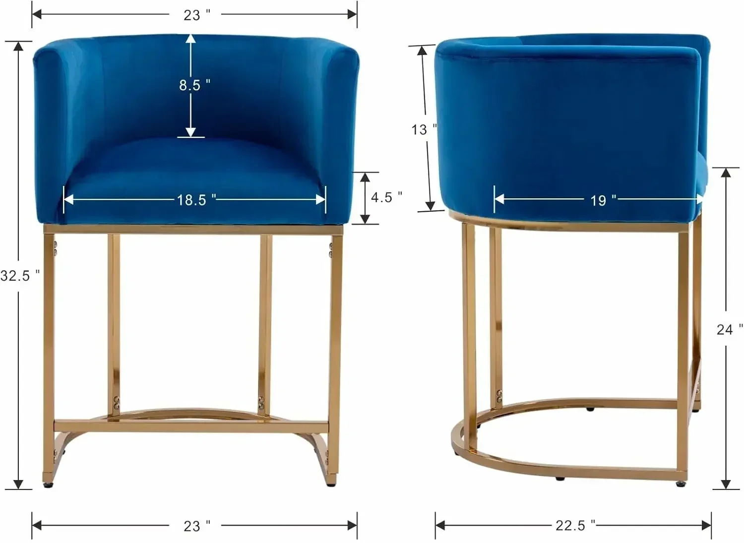 Contemporary Blue Velvet Bar Stools Set of 3,24" Upholstered Fabric Counter Kitchen Counter Island Stools with Golden Metal Base
