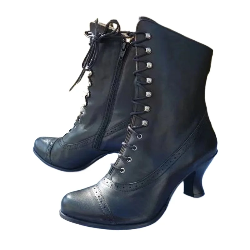 

New Winter Lace Up Ladies High Heel Shoes Motocycle Boot Victorian Boots Women Fashion Pointed Toe Thick Soled Short Boot