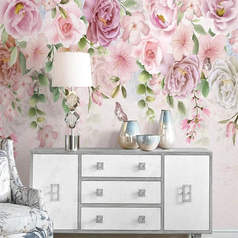 

Nordic ins hand-painted wallpaper romantic pink flowers wall paper American pastoral style mural wallpapers for living room