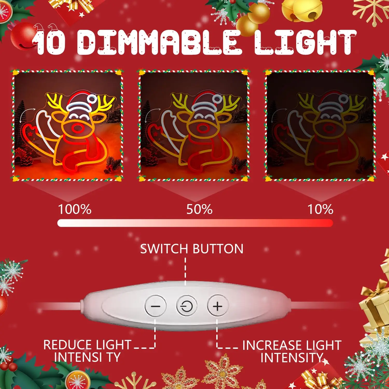 يلوحون الأيائل النيون مع قبعة عيد الميلاد لديكور الحائط وميض تصميم عكس الضوء الرسوم المتحركة الرنة تضيء تسجيل لنافذة المنزل P