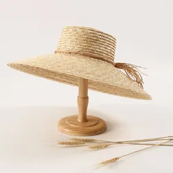 Women Beach Sun Hat Big Brim Straw Hat with Rope Deco Sun Hat Flat Top Summer Hat Boater Hat Performance Photoshoot Show UPF 50+