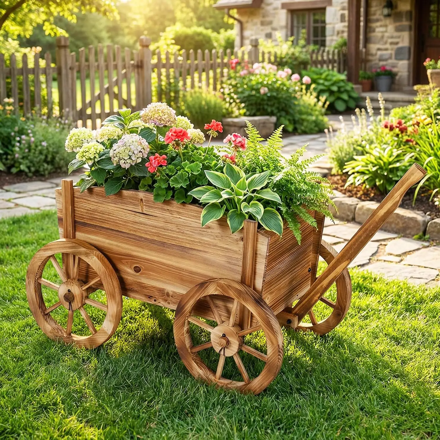 Wood Wagon Planter Set of 2, Rustic Rolling Flower Pot Stand with Wheels, Handle & Drainage Hole for Growing, Customized