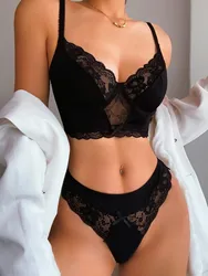 Ensemble de lingerie sexy en dentelle avec soutien-gorge push-up et culotte, sous-vêtements transparents, slips brodés floraux, Hot 7.0