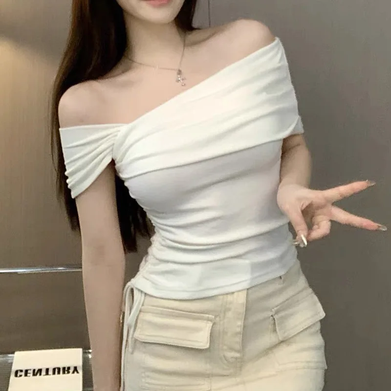 

New One Shoulder Short Fit Pure Desire Style Top Short Sleeve Waist Drawstring Spicy Girl T-Shirt
