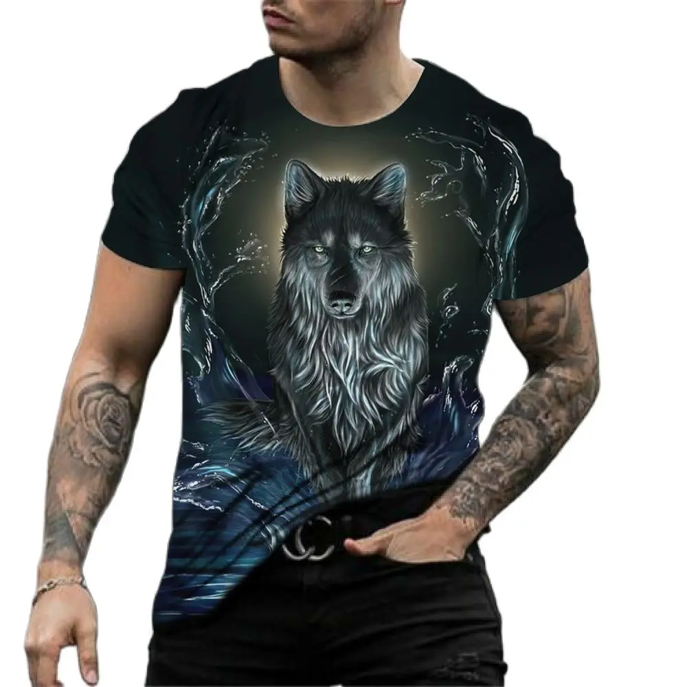 Vintage T Shirt Mens 3D Animal Print Short Sleeve Tops Casual Street Wolf Graphics T-shirt Oversized Tee Shirt Men Clothing