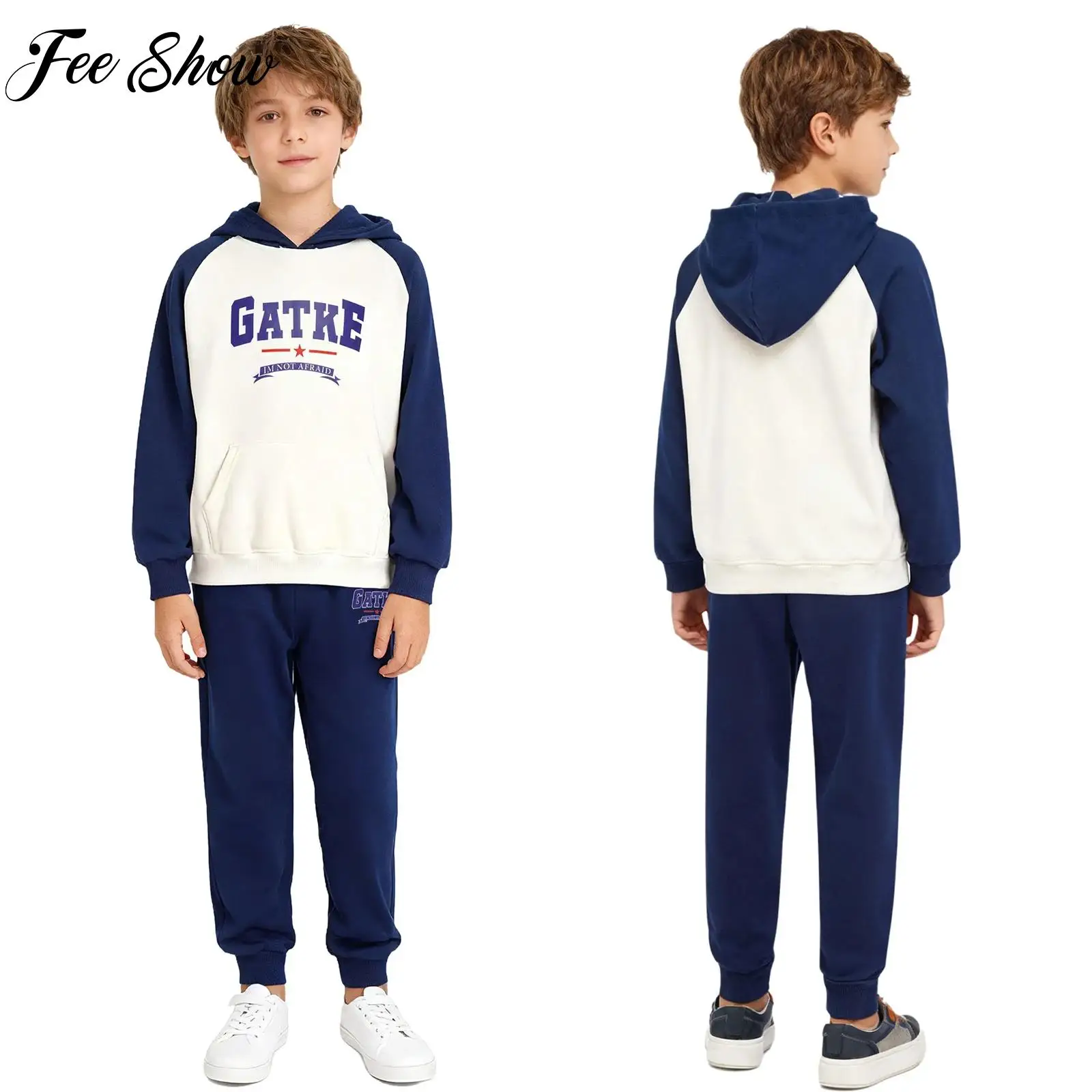 

Boys 2Pcs Sports Suit Outdoor Running Clothing Letter Print Fleece Lined Long Raglan Sleeves Color Block Hoodie+Sweatpants Sets