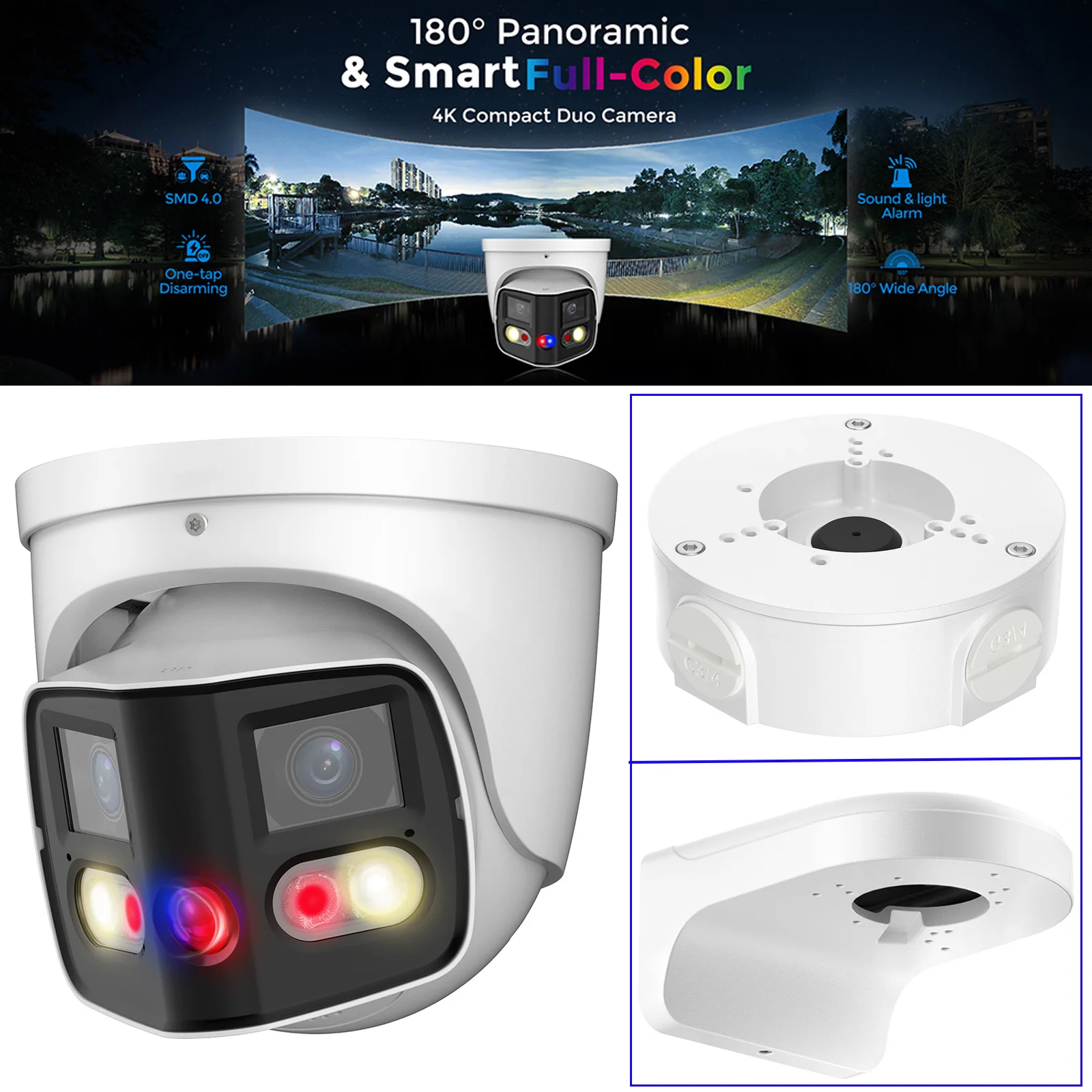 Dual-Lens Outdoor POE Camera - 2 x 4MP 180° Panoramic Wide Angle AI Turret 2 Way Talk Alarm Wall Mount Bracket Junction Box