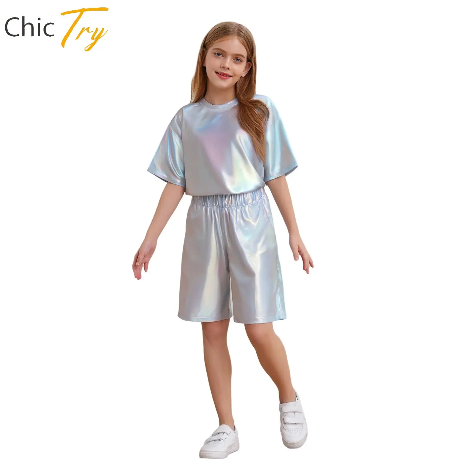 

Unisex Boys Girls Fashion Hip-Hop Jazz Dance Outfits Short Sleeve Metallic T-shirt+Stretchy Shorts Outfits Kids Performance Set