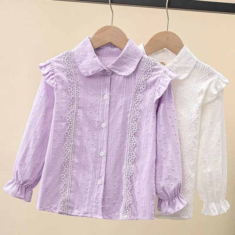 

Girls White Shirt Cotton Long Sleeve French Lace Tops Autumn 2024 New Children School Uniforms 4 To 14 Years Teens Kids Blouses