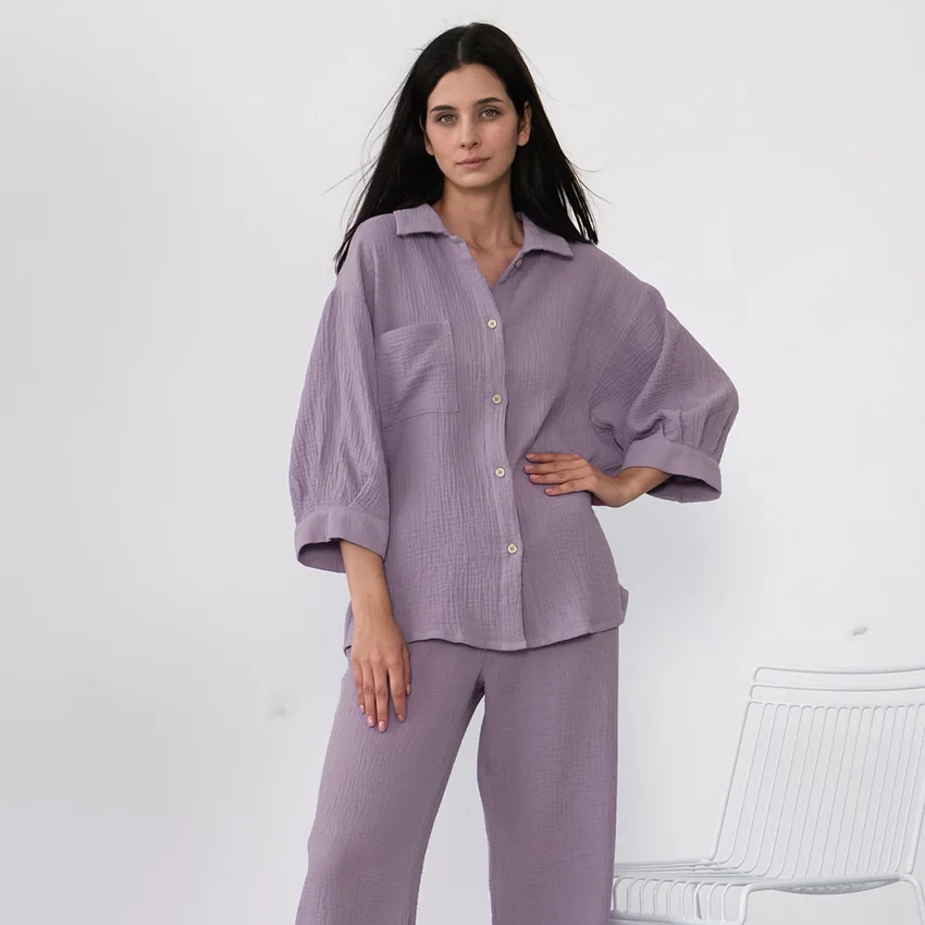 

Women's Cotton Pajamas With Turn-down Collar and Wrinkle Lantern Sleeve 2023 Sleepwear Wide Leg Pants Trouser Suits Home Clothes