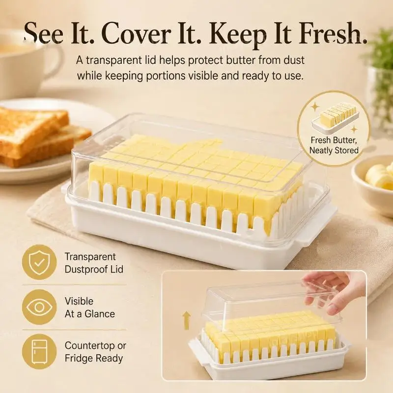 Food Grade Butter Keeper With Slicing Grid And Transparent Dustproof Lid For Home Kitchen Baking Fresh Storage