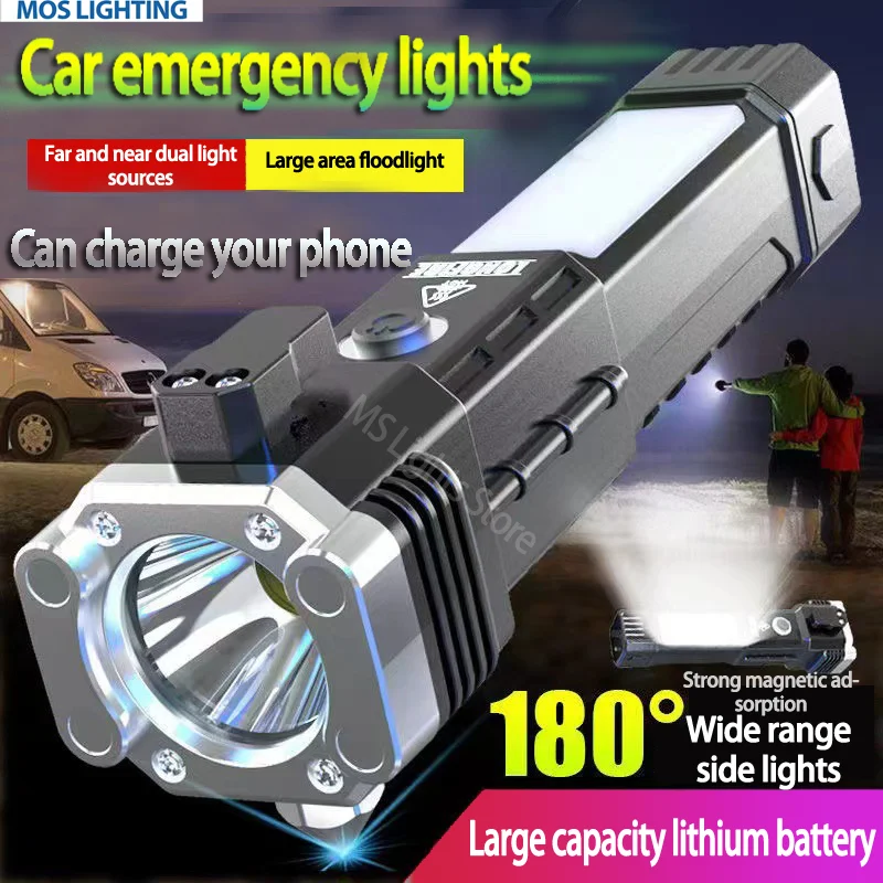 New Multi-Use Car Safety Hammer Window Breaker Cutter Car Escape Tool Mobile Power LED Flashlight Alarm Rescue Strong Magnet