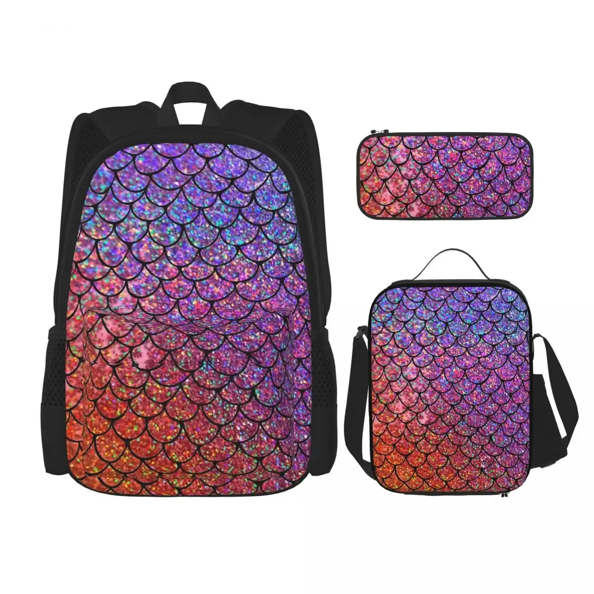 Colorful Glitter Mermaid Scales Backpacks Bookbag Students School Bags Cartoon Kids Rucksack Lunch Bag Pen Bag Three-Piece Set