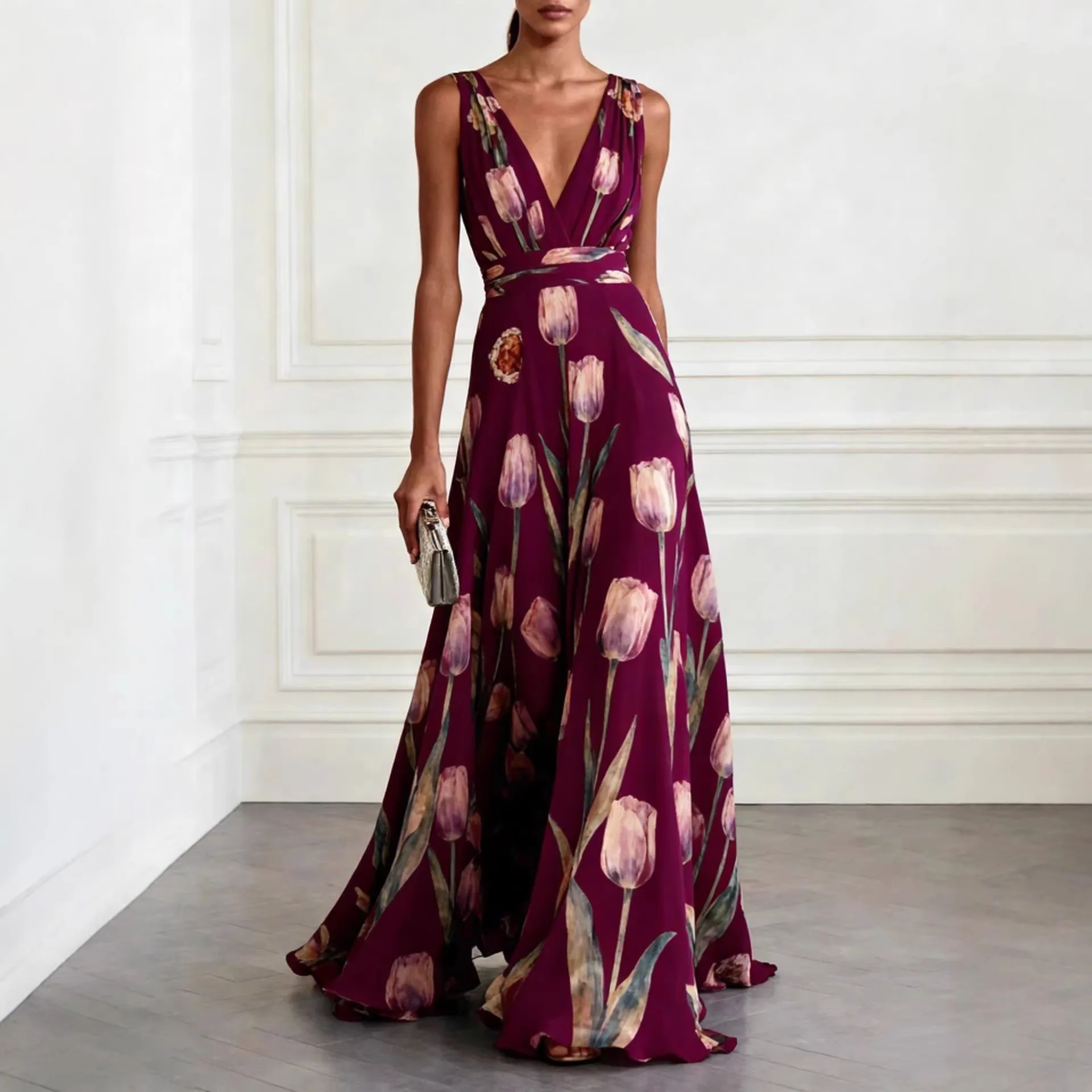 Women's Long Dress Fashionable Floral Print Deep V-neck Sleeveless High Waisted Slim Fit Dress 2026 Summer Elegant Banquet Dress