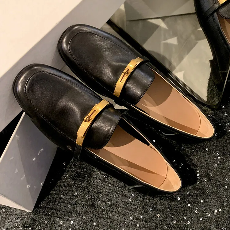 2024 Autumn Women Flat Shoes Fashion Metal Buckle Low Heel Loafer Shoes Vintage Round Toe Casual Slip on Female Mocasines