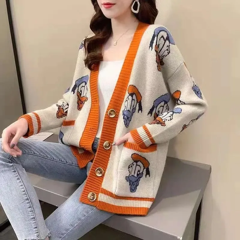 Disney Knitted CardiganCoat Female Autumn and Winter Japanese Donald Cartoon Sweaters for Women Loose Wild Thicken Kawaii Tops