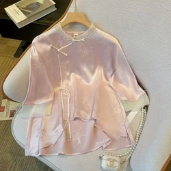 Satin Women's Shirts Printed Chinese Style Blouses Loose Summer Short Sleeves Women Tops Fashion Clothing
