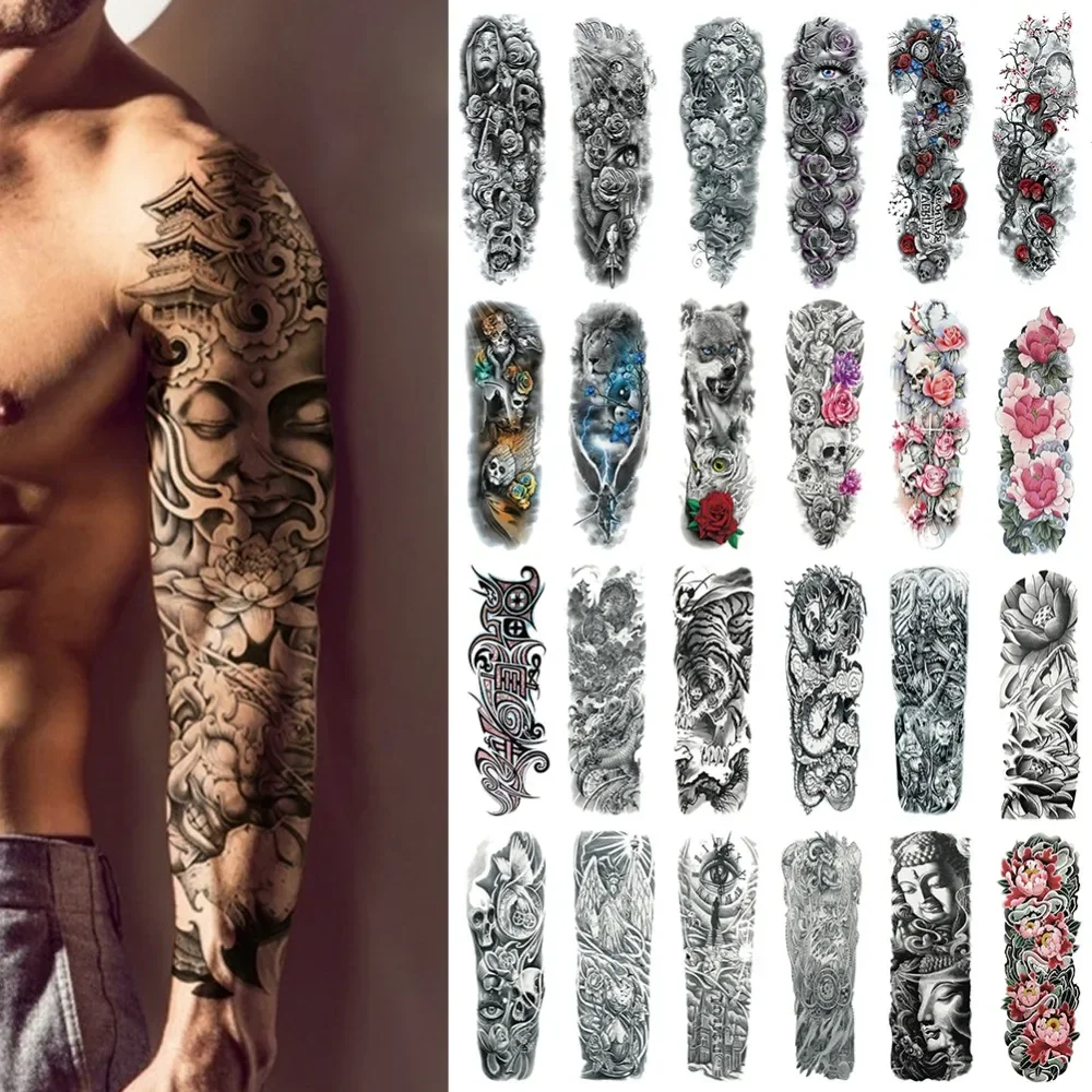 Autocollant de tatouage temporaire imperméable bras complet grand crâne vieille école Tatoo autocollants Flash faux tatouages pour hommes femmes