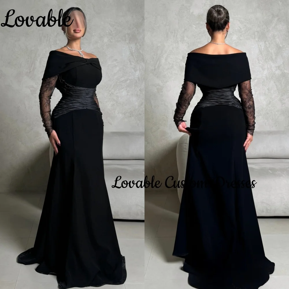 우아한 맞춤형 블랙 럭셔리 이브닝 드레스 A라인 오프숄더 플로어 길이 레이스 공식 행사 드레스 긴 소매