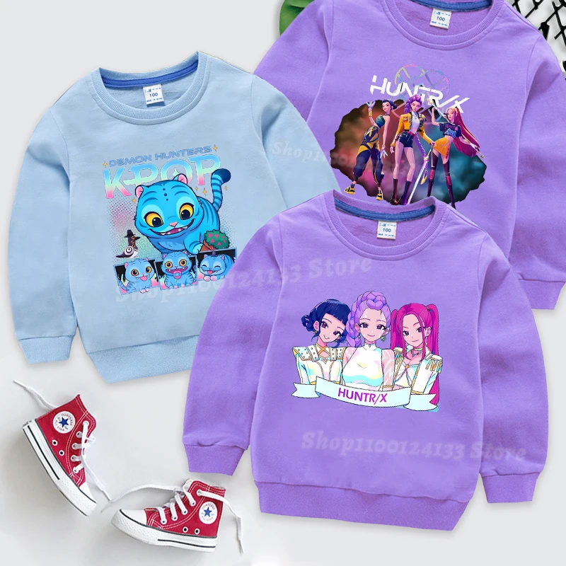 Demone Hunter Girl Pullover Streetwear Autumn Cute Anime Print Baby Clothes Kids Y2K Kawaii Long Sleeve T-shirt Harajuku Clothes