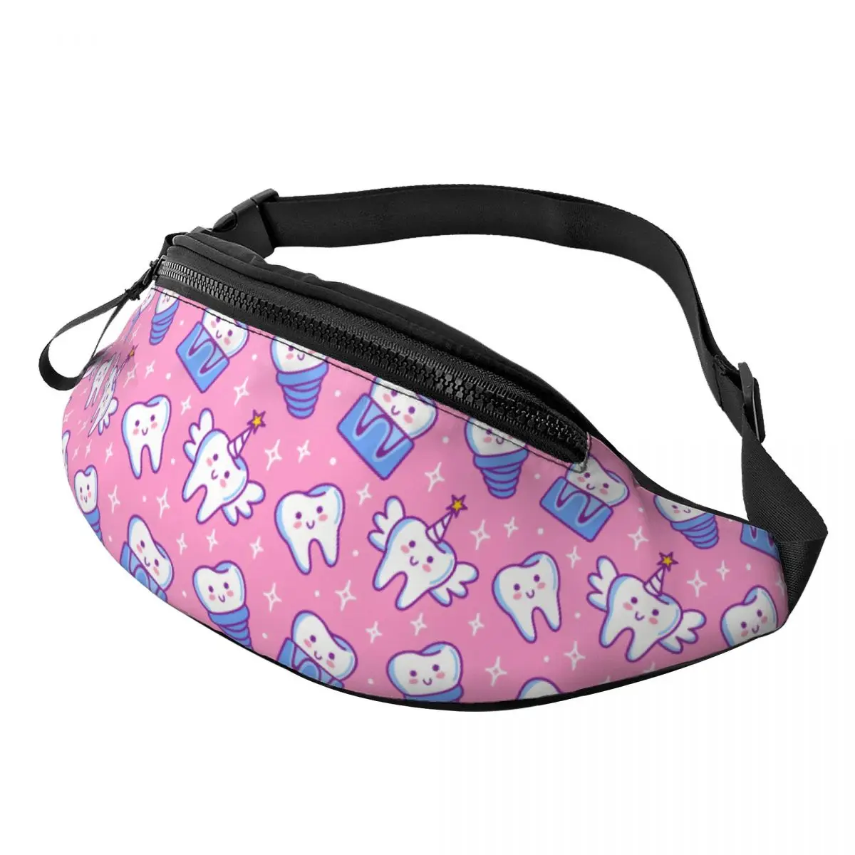 

Custom Cool Cute Tooth Fairy Fanny Pack Women Men Cartoon Dentist Style Crossbody Waist Bag for Camping Biking Phone Money Pouch