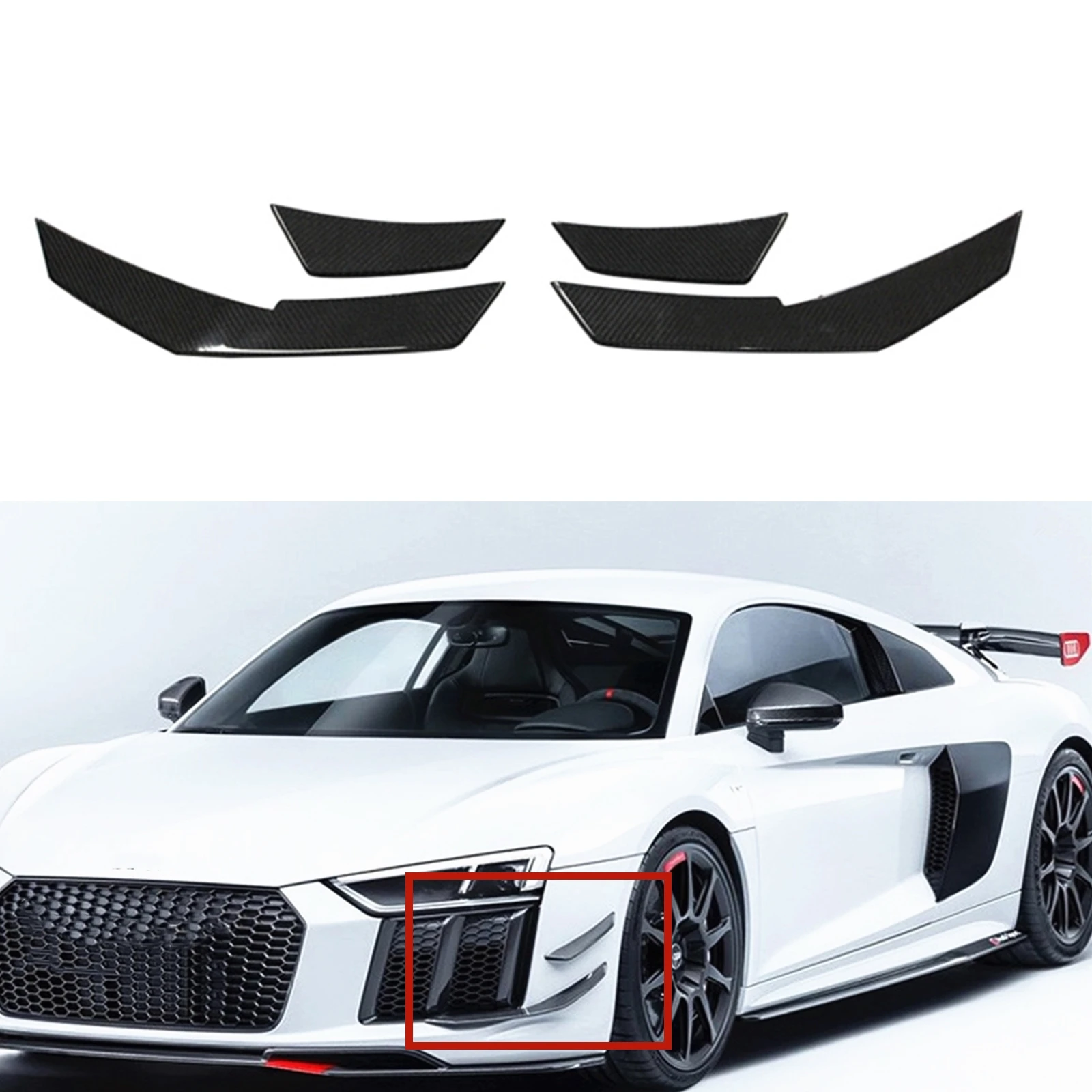 

For Audi R8 2 Door Convertible Coupe 2016-2020 Real Carbon Fiber Splitter Canards Front Bumper Side Spoiler Air Vent Trim Fins