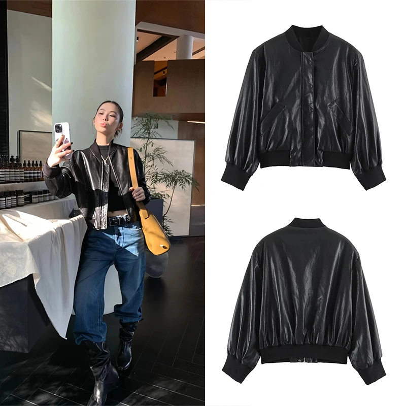 Guobioziy Women's Casual Padded Shoulder Pilot Leather Jacket 2026 Spring-Autumn Euro-American Fashion Trend Daily Classic Biker