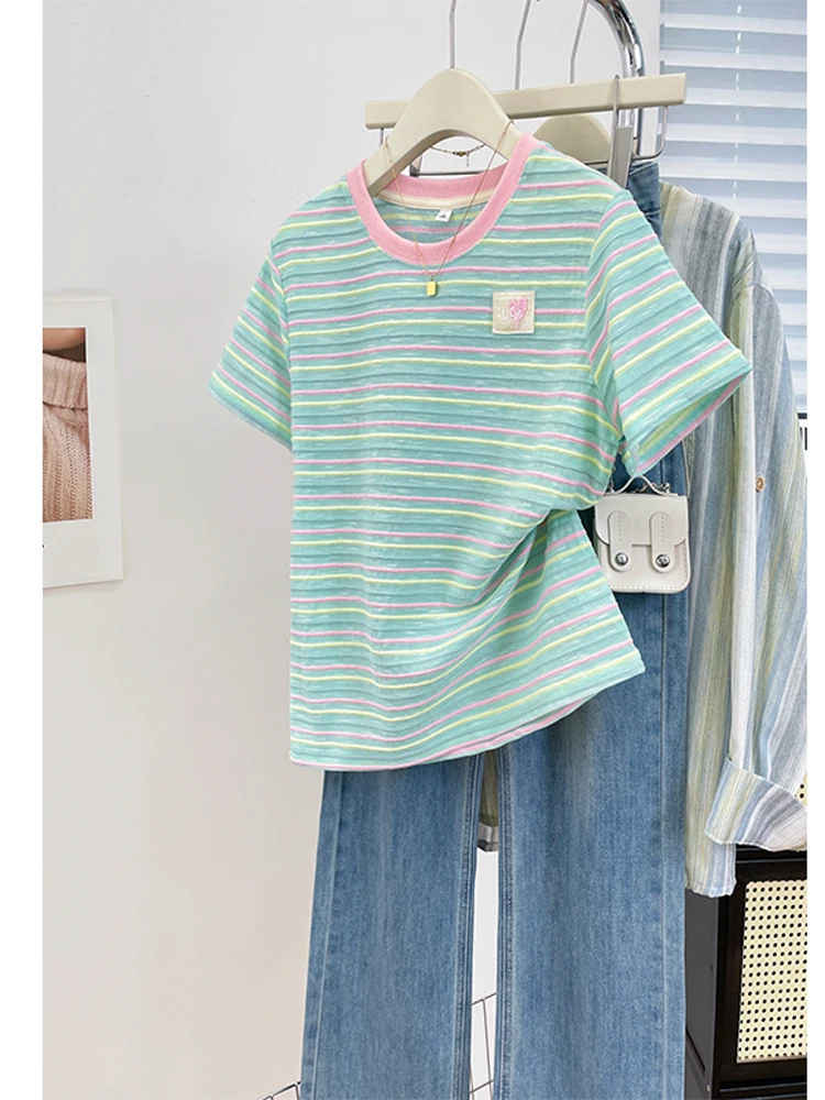 

Mint een Striped ort Sve Women's Top Versatile Embroidered Summer Fre T-irt Korean Sle Sweet Loose Fit Cotton