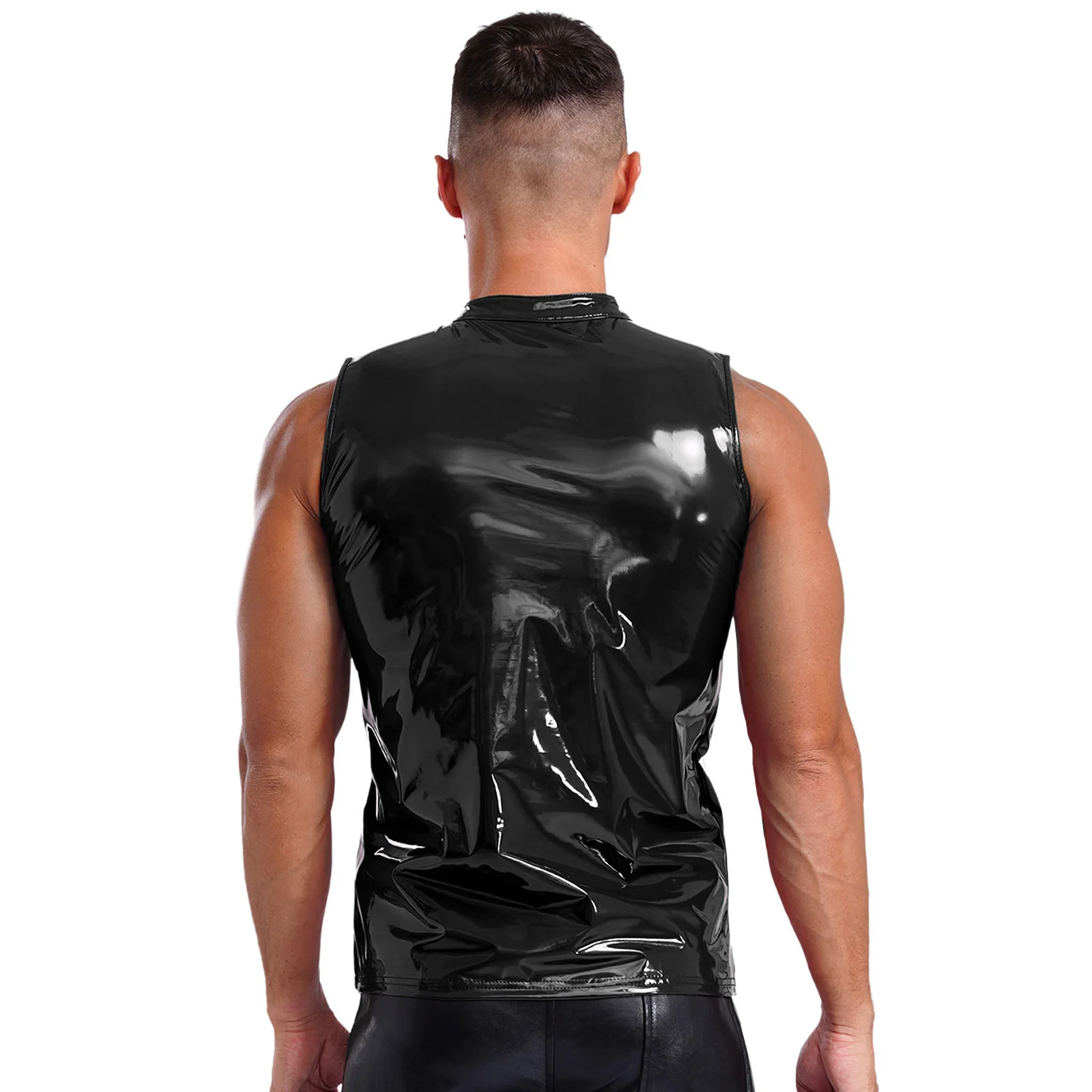 Mens Sleeveless Front Half Zipper Vest PU Leather Tank Top Sexy Glossy Top Wet Look Stand Collar Nightclub Rave Party Costume