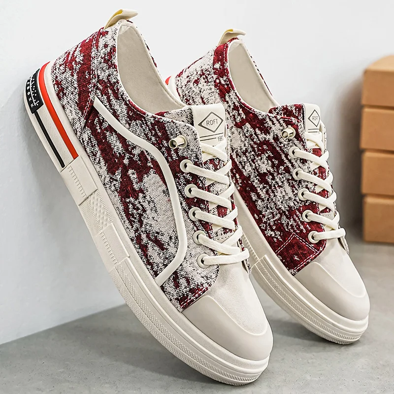 Mens Casual Canvas Shoes, Printed Low Top Lace‑up Skate Sneakers, Lightweight Breathable Wear‑Resistant Non‑Slip Daily Footwear