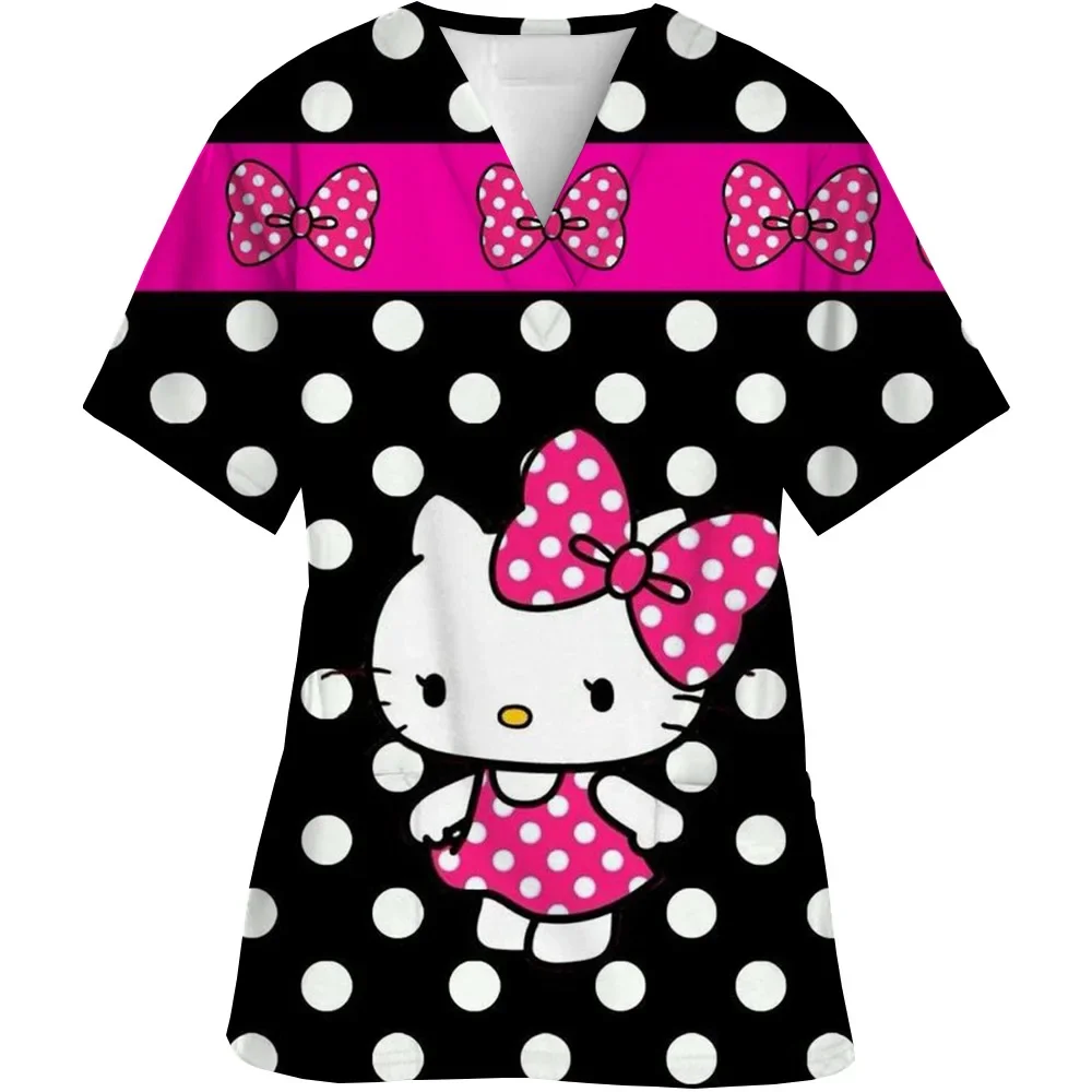 Kawaii Scollo A V Infermiera Uniforme Scrub Top Delle Donne Del Fumetto di Hello Kitty Carino Stampa Manica Corta Tasca Uniformi Infermieristiche Mediche