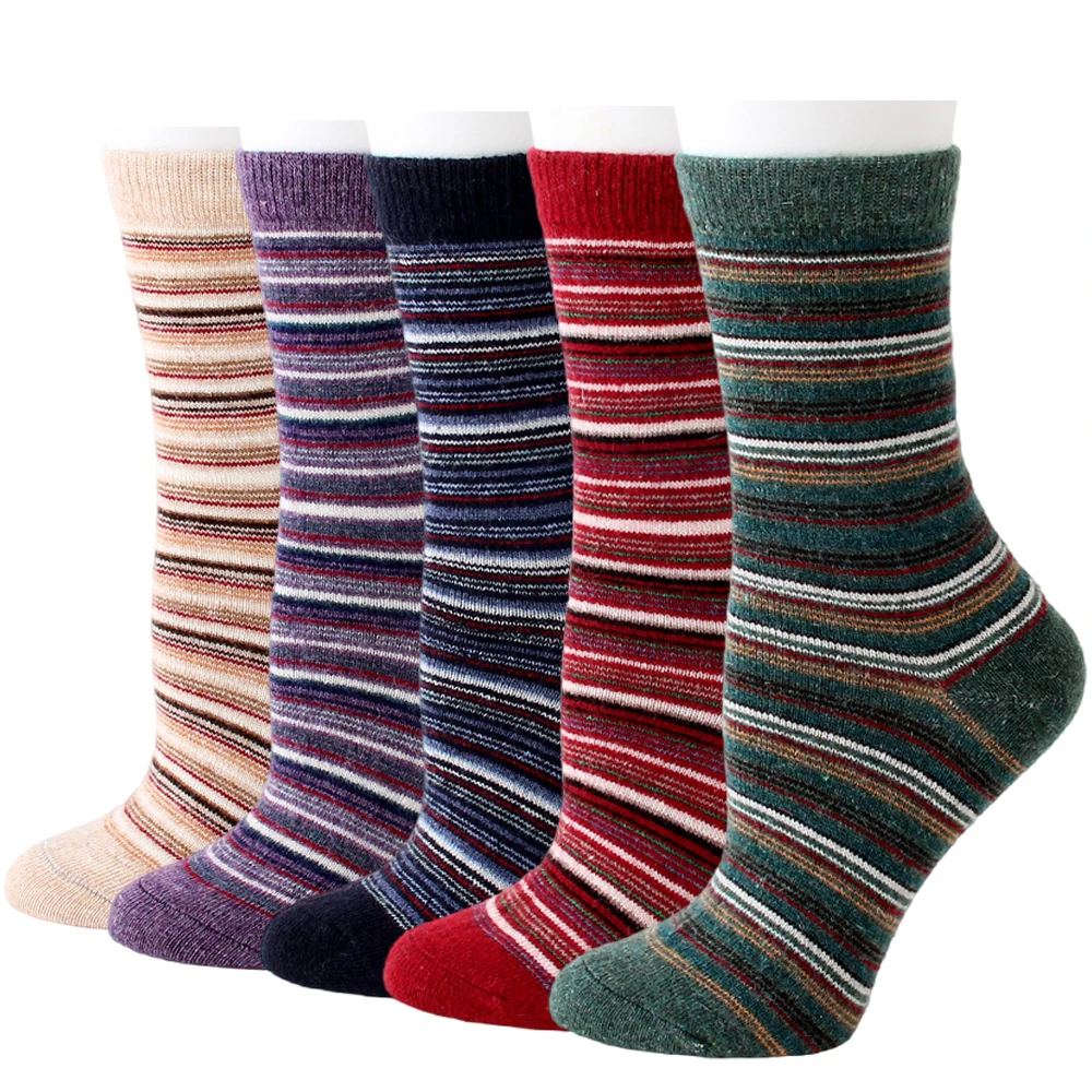 

12 Pairs Winter Women Thick Warm Retro Horizontal Striped Patterns Cozy Fashion Wool Casual Boot Socks