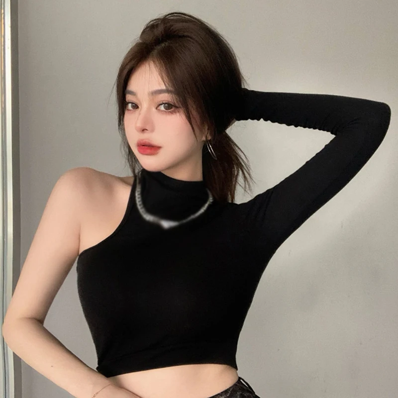 Korean-Style Solid Color Front And Back Hollow Sexy Tight Off-Shoulder Short Cut Shoulder Long Sleeve T-Shirt Top