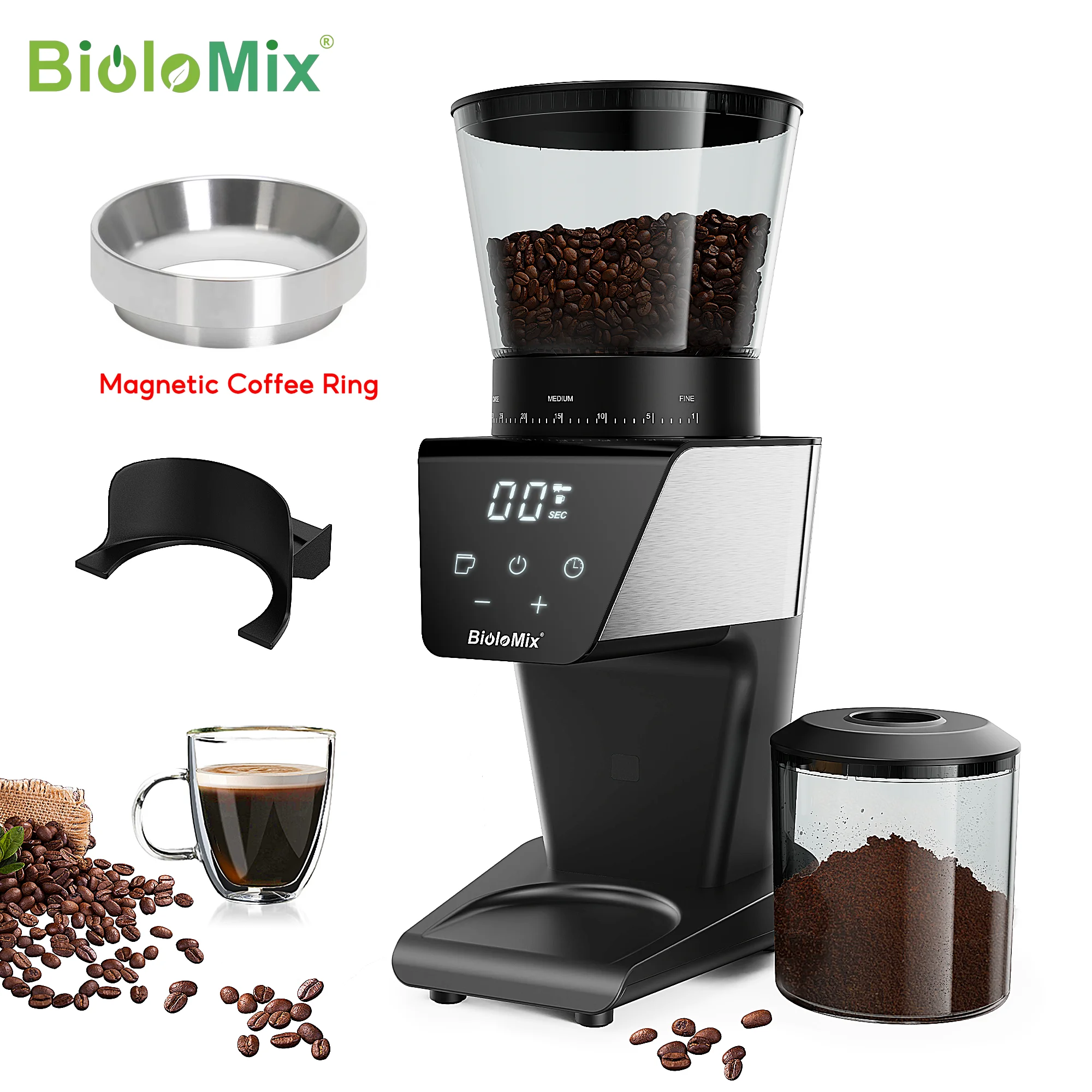 BioloMix Electric Coffee Grinder with Magnetic Ring - 30 Precise Grind Settings for Espresso, American, and Pour Over Coffee, Au