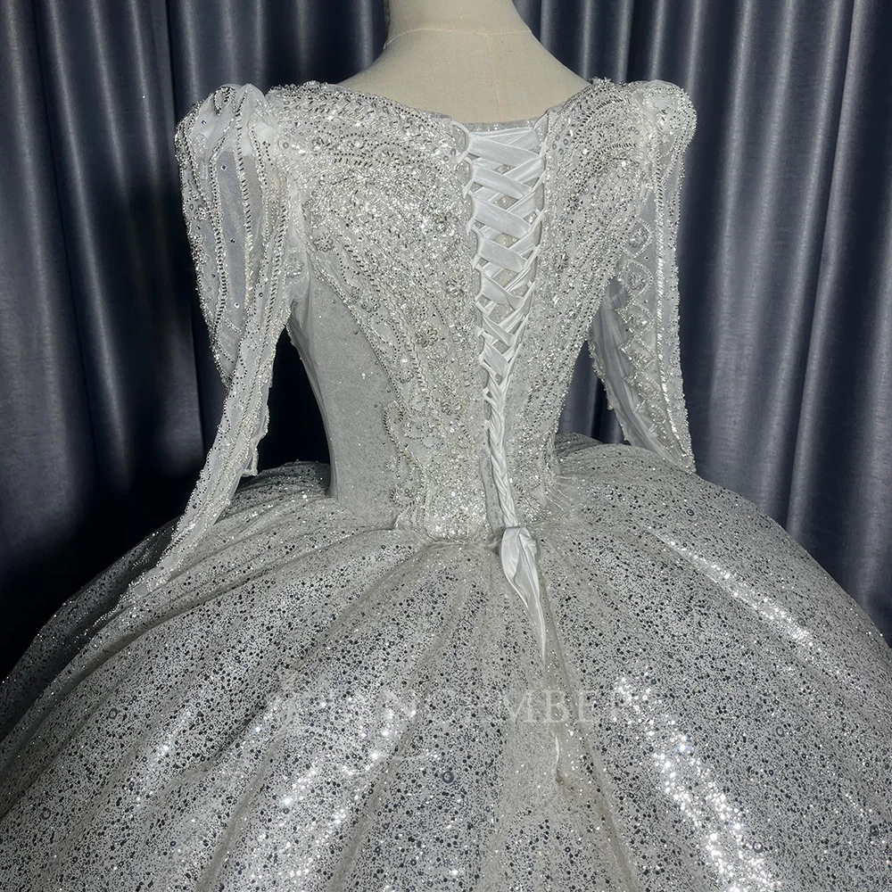 Abiti da sposa personalizzati con maniche lunghe e maniche lunghe, perline, pizzo, abiti da sposa da donna, con lacci sul retro, scoop, плаisakiе с eusдебн