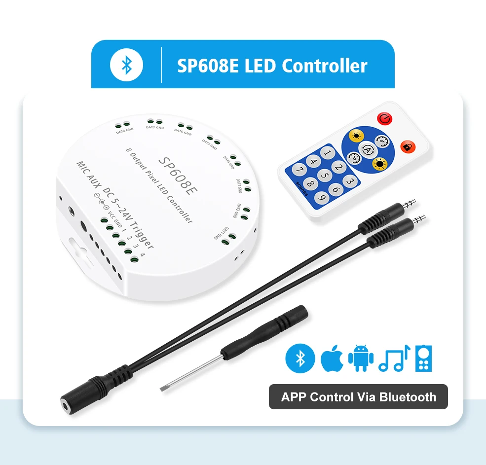 SP107E kompatybilny z Bluetooth kontroler LED muzyczny w pełnym kolorze sterowanie SPI RGB przez aplikacja na telefon do taśmy LED 2812 2811 1903