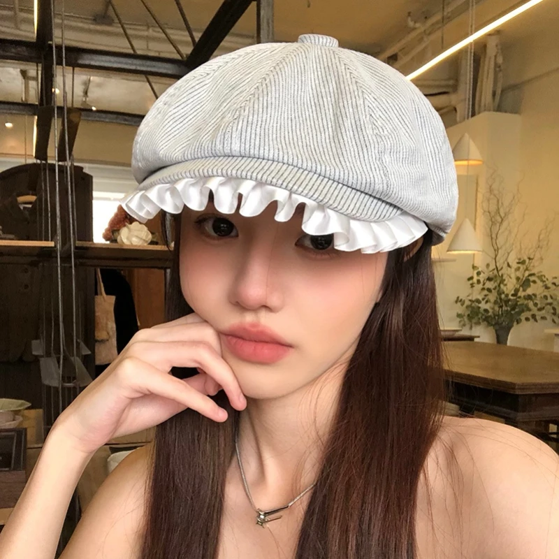 

Niche Design Retro Striped Lace Berets Caps for Women Spring and Summer Travel Korean Version Versatile Cloud Newsboy Hats Y2k