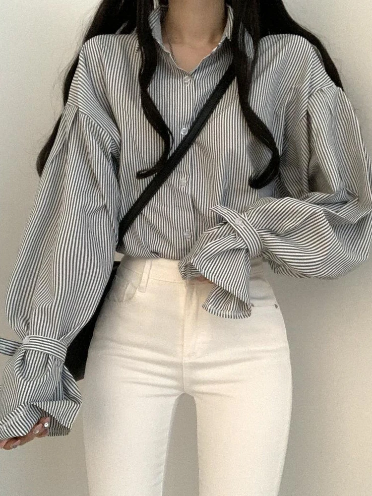 Striped Shirt Women Vintage Korean Long Sleeve Top Female Spring Preppy Style Button Up Blouse Lady Casual Loose Chic Camisas