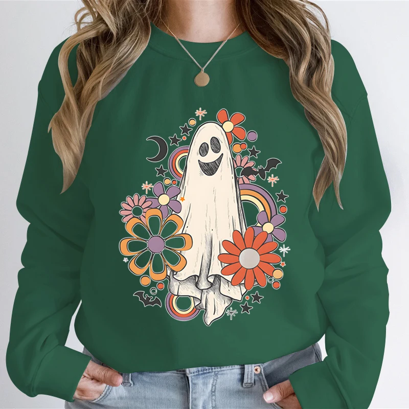 Vintage Retro Flower Ghost Print Sweatshirt Hoodie Women Halloween Vintage Style Hoodies Flower Ghost Halloween Party Sweatshirt